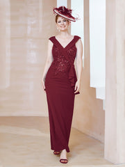 Robe à Col V en Crêpe Extensible avec Paillettes Bordeaux