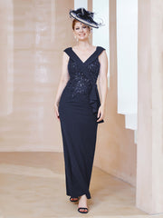 Robe à Col V en Crêpe Extensible avec Paillettes Bleu Marine Grande Taille