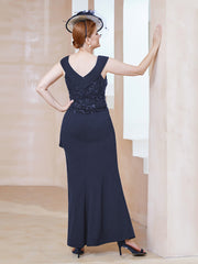 Robe à Col V en Crêpe Extensible avec Paillettes Bleu Marine