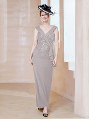 Robe à Col V en Crêpe Extensible avec Paillettes Argent Grande Taille