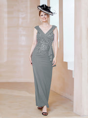 Robe à Col V en Crêpe Extensible avec Paillettes Gris Acier Grande Taille