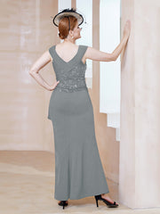 Robe à Col V en Crêpe Extensible avec Paillettes Gris Acier Grande Taille