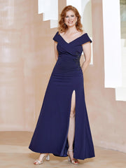 Robe Fourreau Longueur au Sol à Col en V avec Fente Bleu Marine