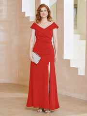 Robe Fourreau Longueur au Sol à Col en V avec Fente Rouge