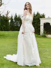 Robe de Mariée en Dentelle Hors de l'Épaule avec Traîne Chapelle Ivoire/Champagne