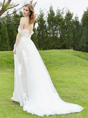 Robe de Mariée en Dentelle Hors de l'Épaule avec Traîne Chapelle Ivoire/Champagne