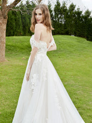 Robe de Mariée en Dentelle Hors de l'Épaule avec Traîne Chapelle Blanc