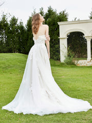 Robe de Mariée en Dentelle Hors de l'Épaule avec Traîne Chapelle Blanc
