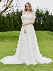 Robe de Mariée en Dentelle Hors de l'Épaule avec Traîne Chapelle Blanc