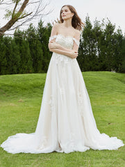 Robe de Mariée en Dentelle Hors de l'Épaule avec Traîne Chapelle Ivoire/Champagne