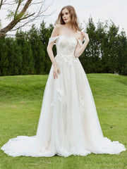 Robe de Mariée en Dentelle Hors de l'Épaule avec Traîne Chapelle Ivoire/Champagne