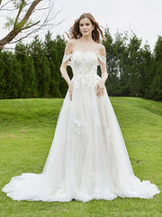 Robe de Mariée en Dentelle Hors de l'Épaule avec Traîne Chapelle Ivoire/Champagne