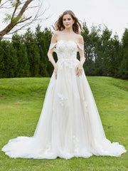 Robe de Mariée en Dentelle Hors de l'Épaule avec Traîne Chapelle Blanc