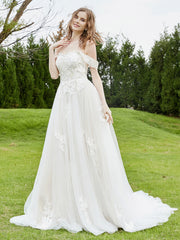 Robe de Mariée en Dentelle Hors de l'Épaule avec Traîne Chapelle Blanc