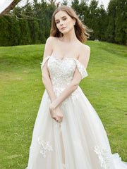 Robe de Mariée en Dentelle Hors de l'Épaule avec Traîne Chapelle Ivoire/Champagne