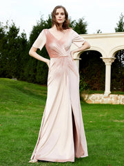Robe en Velours à Manches Mi-longues et Col en V avec Fente Rose Perle Grande Taille