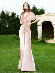 Robe en Velours à Manches Mi-longues et Col en V avec Fente Rose Perle