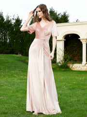 Robe en Velours à Manches Mi-longues et Col en V avec Fente Rose Perle