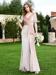 Robe en Velours à Manches Mi-longues et Col en V avec Fente Rose Perle