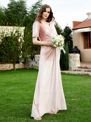 Robe en Velours à Manches Mi-longues et Col en V avec Fente Rose Perle Grande Taille