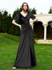 Robe en Velours à Manches Mi-longues et Col en V avec Fente Noir Grande Taille