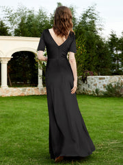 Robe en Velours à Manches Mi-longues et Col en V avec Fente Noir Grande Taille