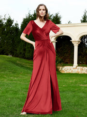 Robe en Velours à Manches Mi-longues et Col en V avec Fente Bordeaux Grande Taille