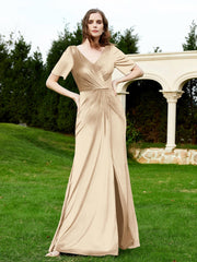 Robe en Velours à Manches Mi-longues et Col en V avec Fente Champagne