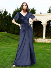 Robe en Velours à Manches Mi-longues et Col en V avec Fente Bleu Marine Grande Taille