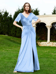 Robe en Velours à Manches Mi-longues et Col en V avec Fente Bleu Poudré