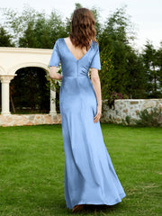 Robe en Velours à Manches Mi-longues et Col en V avec Fente Bleu Poudré Grande Taille