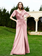 Robe en Velours à Manches Mi-longues et Col en V avec Fente Rose Poudré Grande Taille