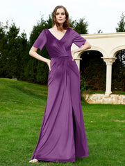 Robe en Velours à Manches Mi-longues et Col en V avec Fente Raisin