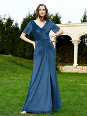 Robe en Velours à Manches Mi-longues et Col en V avec Fente Bleu Encre Grande Taille