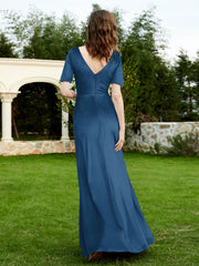 Robe en Velours à Manches Mi-longues et Col en V avec Fente Bleu Encre Grande Taille