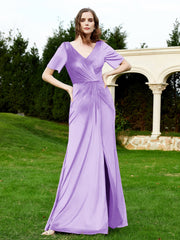 Robe en Velours à Manches Mi-longues et Col en V avec Fente Lilas Grande Taille