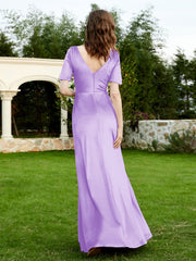 Robe en Velours à Manches Mi-longues et Col en V avec Fente Lilas Grande Taille