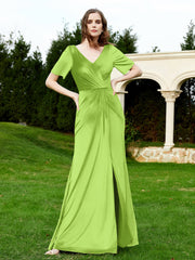 Robe en Velours à Manches Mi-longues et Col en V avec Fente Vert Citron Grande Taille