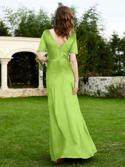 Robe en Velours à Manches Mi-longues et Col en V avec Fente Vert Citron Grande Taille
