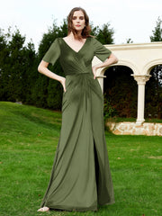 Robe en Velours à Manches Mi-longues et Col en V avec Fente Olive Verte Grande Taille