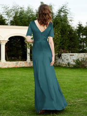 Robe en Velours à Manches Mi-longues et Col en V avec Fente Paon Grande Taille