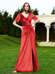 Robe en Velours à Manches Mi-longues et Col en V avec Fente Rouge Grande Taille