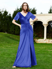 Robe en Velours à Manches Mi-longues et Col en V avec Fente Bleu Royale Grande Taille