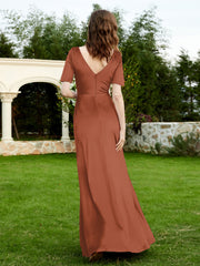 Robe en Velours à Manches Mi-longues et Col en V avec Fente Rouille Grande Taille