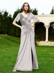 Robe en Velours à Manches Mi-longues et Col en V avec Fente Argent