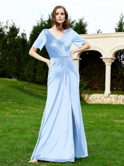Robe en Velours à Manches Mi-longues et Col en V avec Fente Bleu Ciel Grande Taille