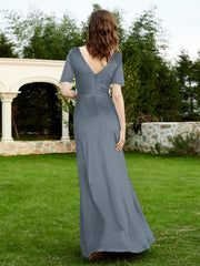 Robe en Velours à Manches Mi-longues et Col en V avec Fente Bleu de Schiste Grande Taille