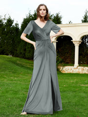 Robe en Velours à Manches Mi-longues et Col en V avec Fente Gris Acier Grande Taille