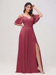 Robe A-ligne en Mousseline Froncée à Hors de l'Épaule avec Fente Cannelle Rose