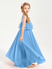 Robes de Demoiselle d'Honneur Junior en Mousseline avec Nœud Papillon Bleu